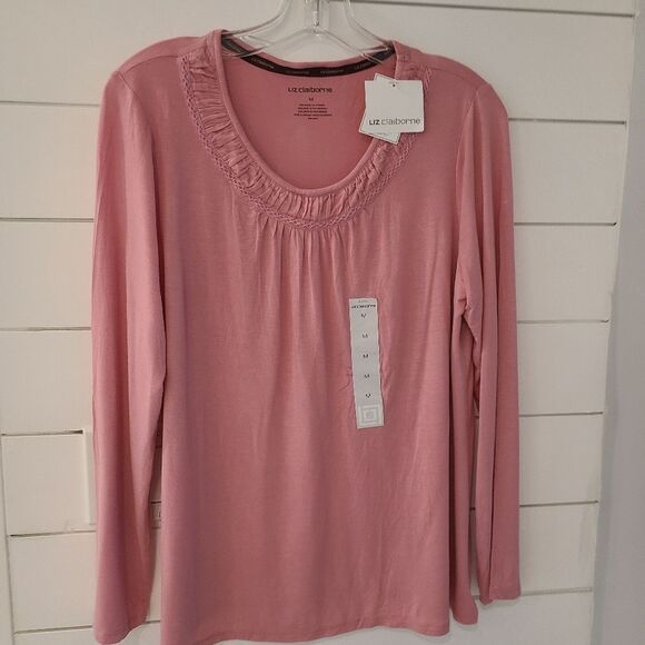 NWT Liz Claiborne Pink Ruffled Long Sleeve Pajama Top - Picture 1 of 6